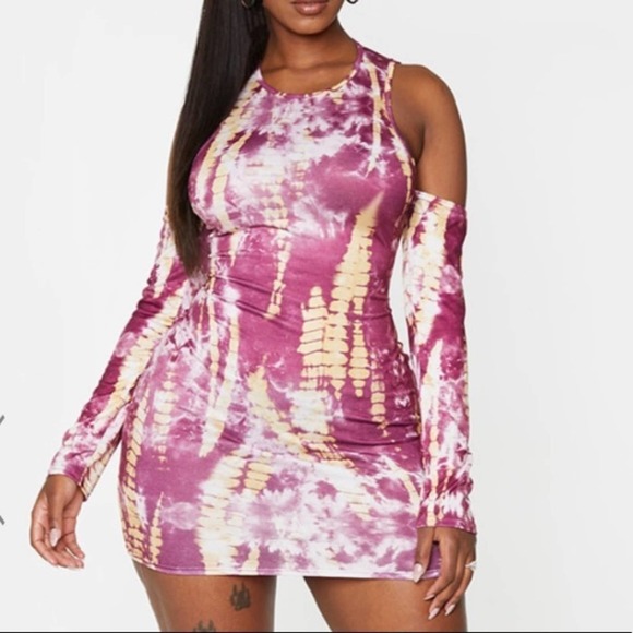 Prettylittlething Shape Purple Tie Dye Jersey Cut Out Sleeve Bodycon Dress NWT - Picture 1 of 10